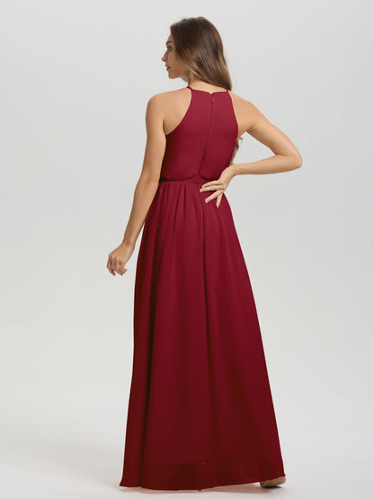 Halter Scoop Neck Sleeveless Floor Length Chiffon Bridesmaid Dress with Sashes