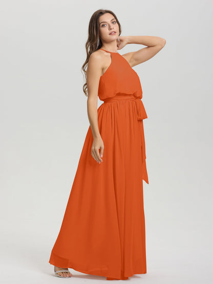 Halter Scoop Neck Sleeveless Floor Length Chiffon Bridesmaid Dress with Sashes
