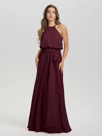 Halter Scoop Neck Sleeveless Floor Length Chiffon Bridesmaid Dress with Sashes