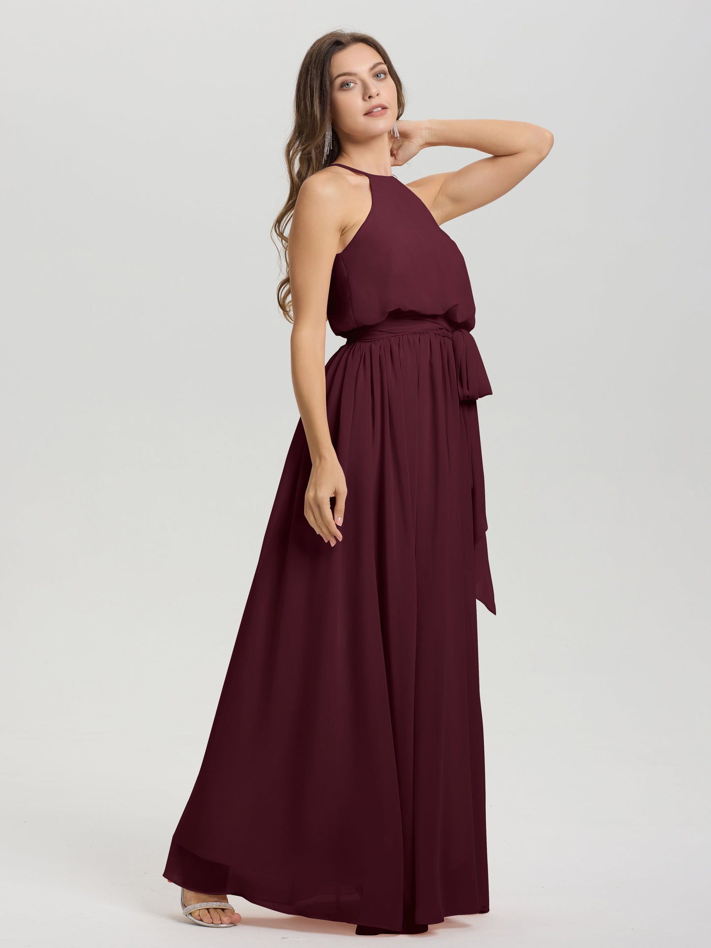 Halter Scoop Neck Sleeveless Floor Length Chiffon Bridesmaid Dress with Sashes