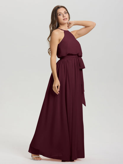 Halter Scoop Neck Sleeveless Floor Length Chiffon Bridesmaid Dress with Sashes