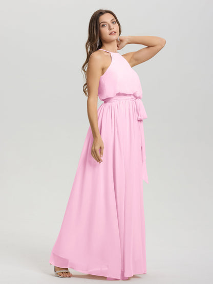 Halter Scoop Neck Sleeveless Floor Length Chiffon Bridesmaid Dress with Sashes