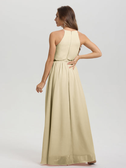 Halter Scoop Neck Sleeveless Floor Length Chiffon Bridesmaid Dress with Sashes