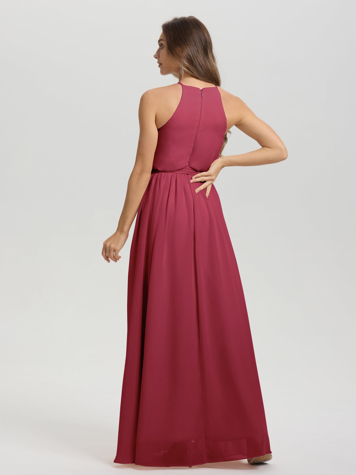 Halter Scoop Neck Sleeveless Floor Length Chiffon Bridesmaid Dress with Sashes