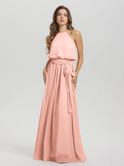 Halter Scoop Neck Sleeveless Floor Length Chiffon Bridesmaid Dress with Sashes