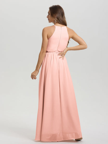 Halter Scoop Neck Sleeveless Floor Length Chiffon Bridesmaid Dress with Sashes
