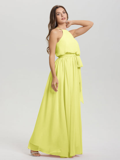 Halter Scoop Neck Sleeveless Floor Length Chiffon Bridesmaid Dress with Sashes