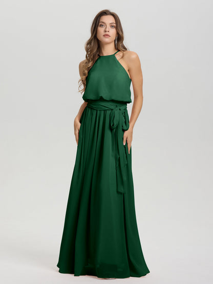 Halter Scoop Neck Sleeveless Floor Length Chiffon Bridesmaid Dress with Sashes