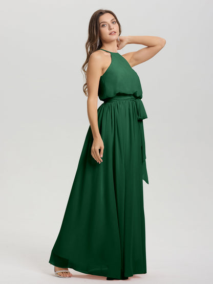 Halter Scoop Neck Sleeveless Floor Length Chiffon Bridesmaid Dress with Sashes