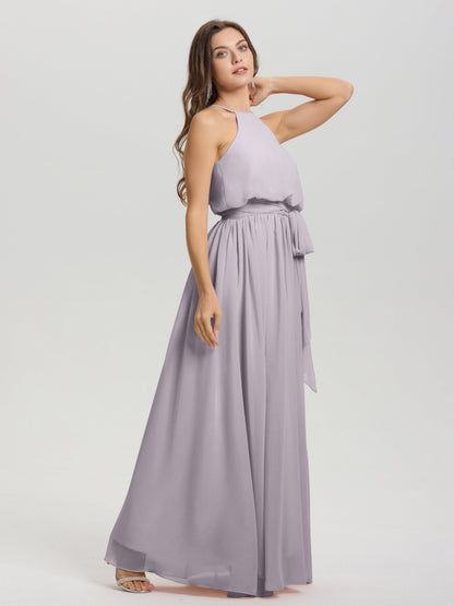 Halter Scoop Neck Sleeveless Floor Length Chiffon Bridesmaid Dress with Sashes