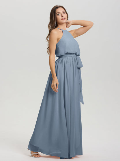 Halter Scoop Neck Sleeveless Floor Length Chiffon Bridesmaid Dress with Sashes
