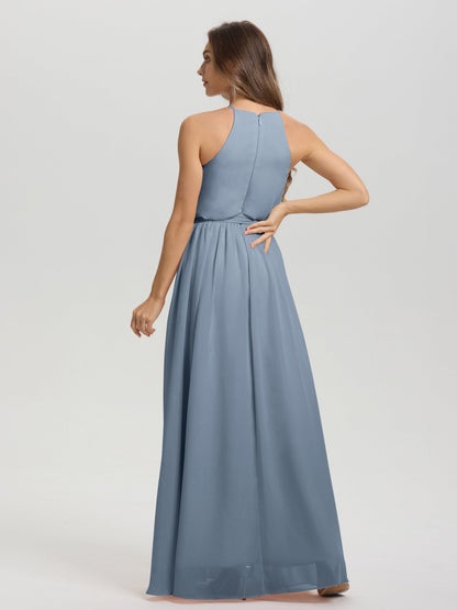 Halter Scoop Neck Sleeveless Floor Length Chiffon Bridesmaid Dress with Sashes