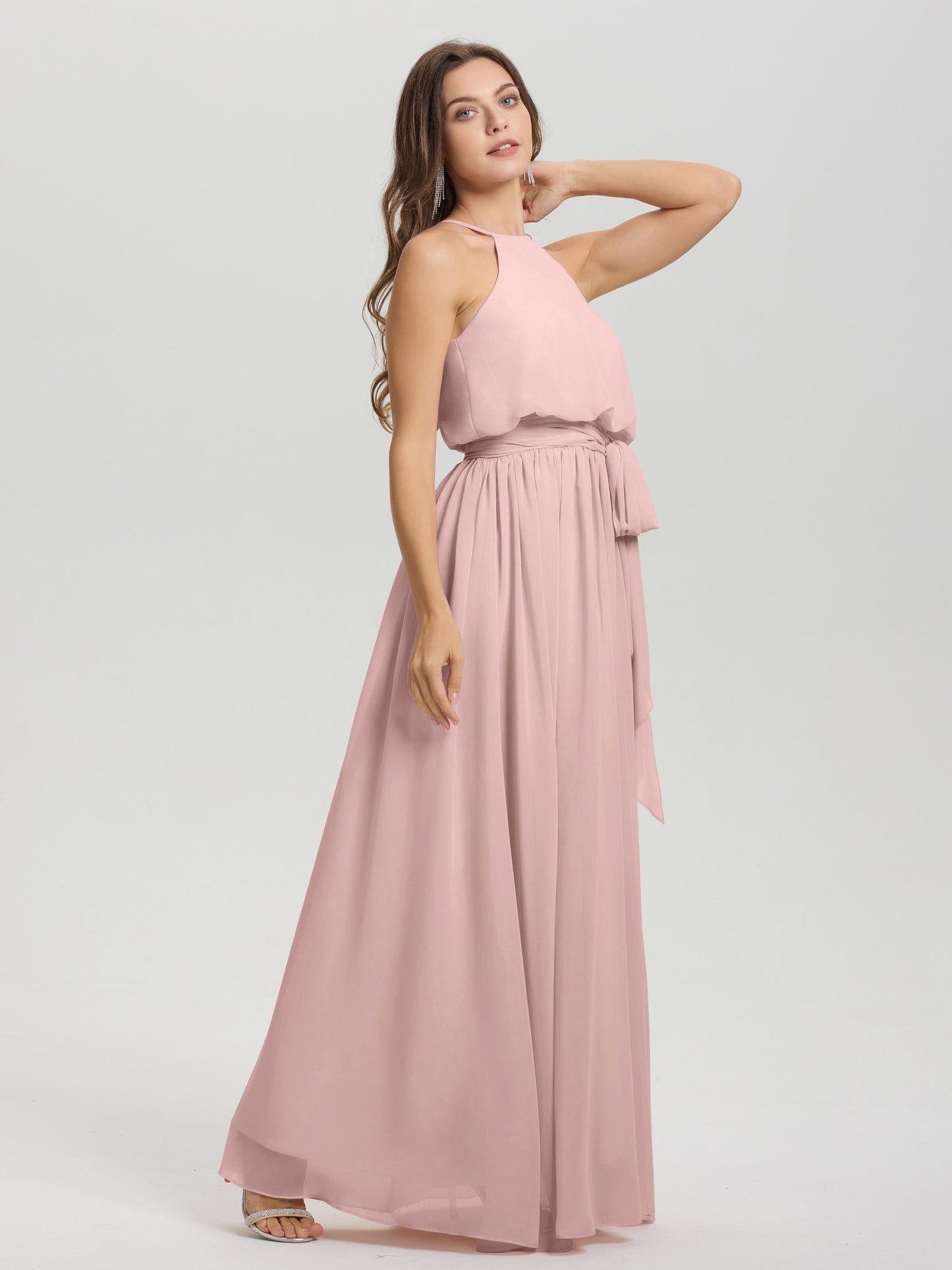 Halter Scoop Neck Sleeveless Floor Length Chiffon Bridesmaid Dress with Sashes
