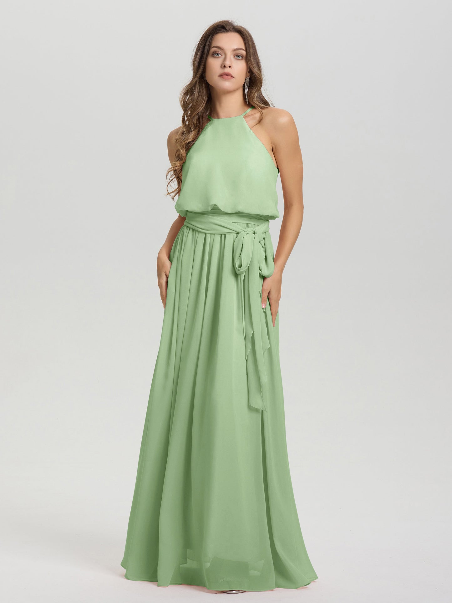Halter Scoop Neck Sleeveless Floor Length Chiffon Bridesmaid Dress with Sashes