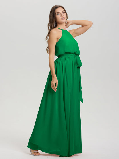 Halter Scoop Neck Sleeveless Floor Length Chiffon Bridesmaid Dress with Sashes