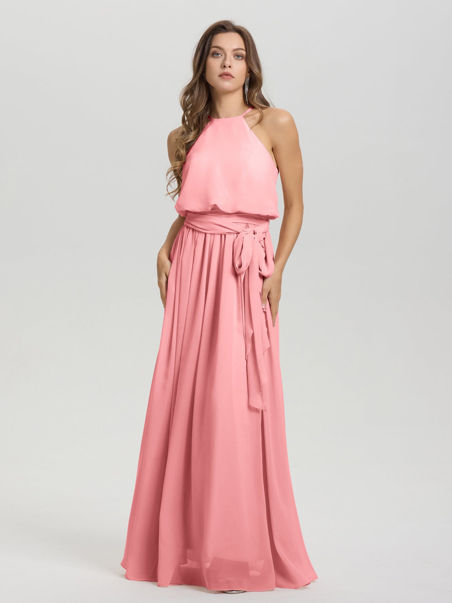 Halter Scoop Neck Sleeveless Floor Length Chiffon Bridesmaid Dress with Sashes