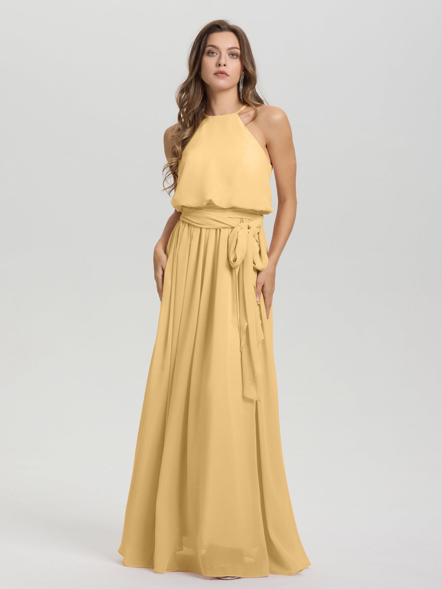 Halter Scoop Neck Sleeveless Floor Length Chiffon Bridesmaid Dress with Sashes