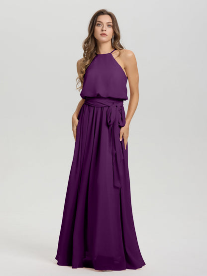 Halter Scoop Neck Sleeveless Floor Length Chiffon Bridesmaid Dress with Sashes
