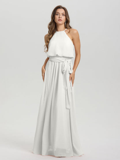 Halter Scoop Neck Sleeveless Floor Length Chiffon Bridesmaid Dress with Sashes