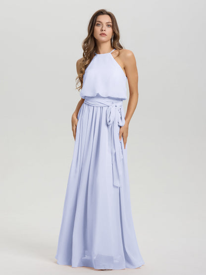 Halter Scoop Neck Sleeveless Floor Length Chiffon Bridesmaid Dress with Sashes