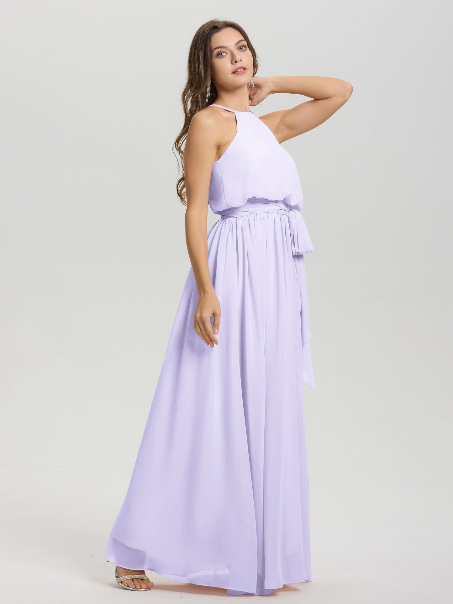 Halter Scoop Neck Sleeveless Floor Length Chiffon Bridesmaid Dress with Sashes