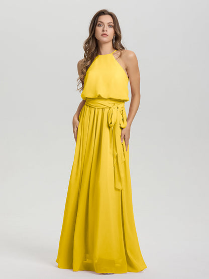 Halter Scoop Neck Sleeveless Floor Length Chiffon Bridesmaid Dress with Sashes