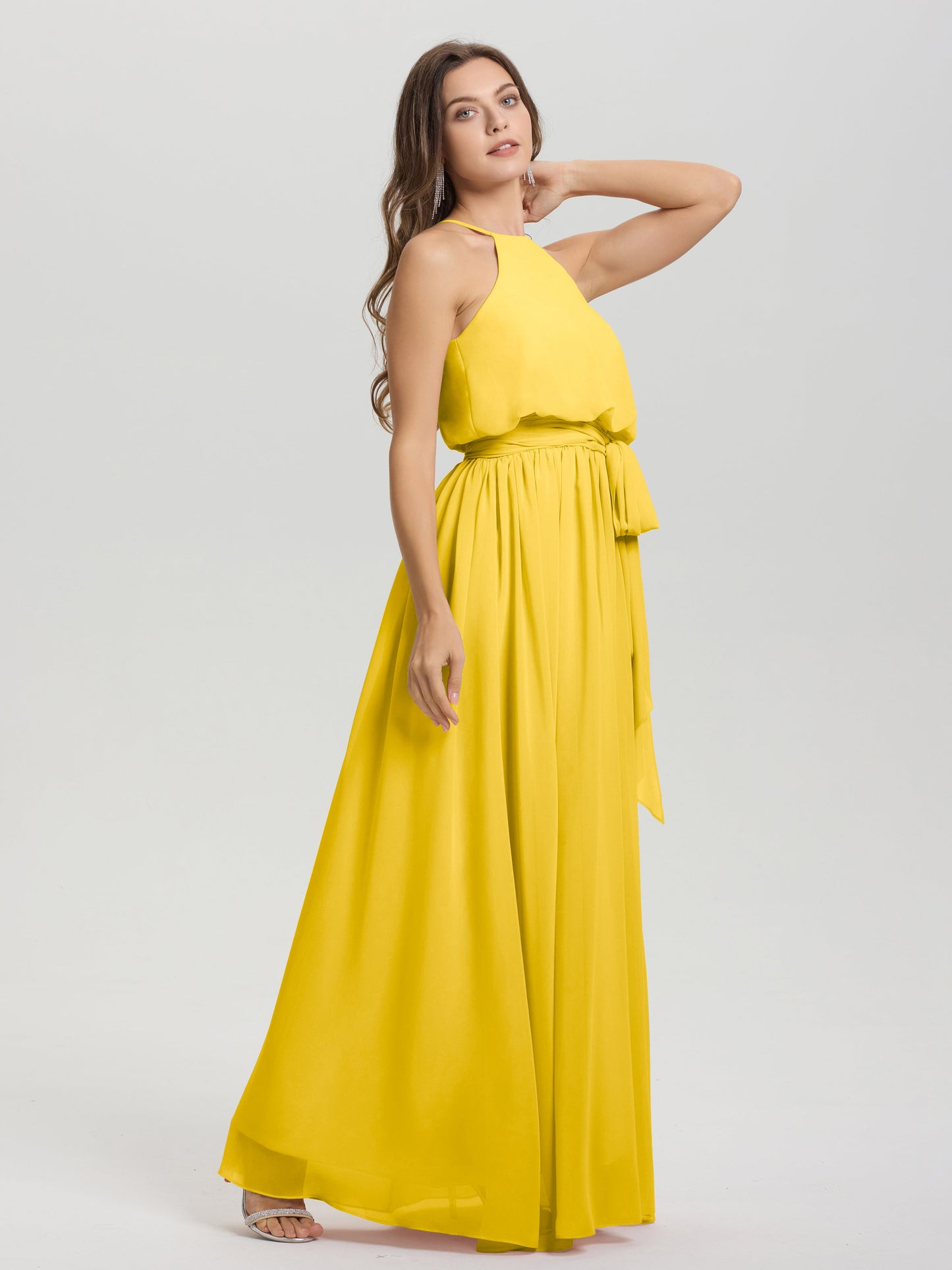 Halter Scoop Neck Sleeveless Floor Length Chiffon Bridesmaid Dress with Sashes