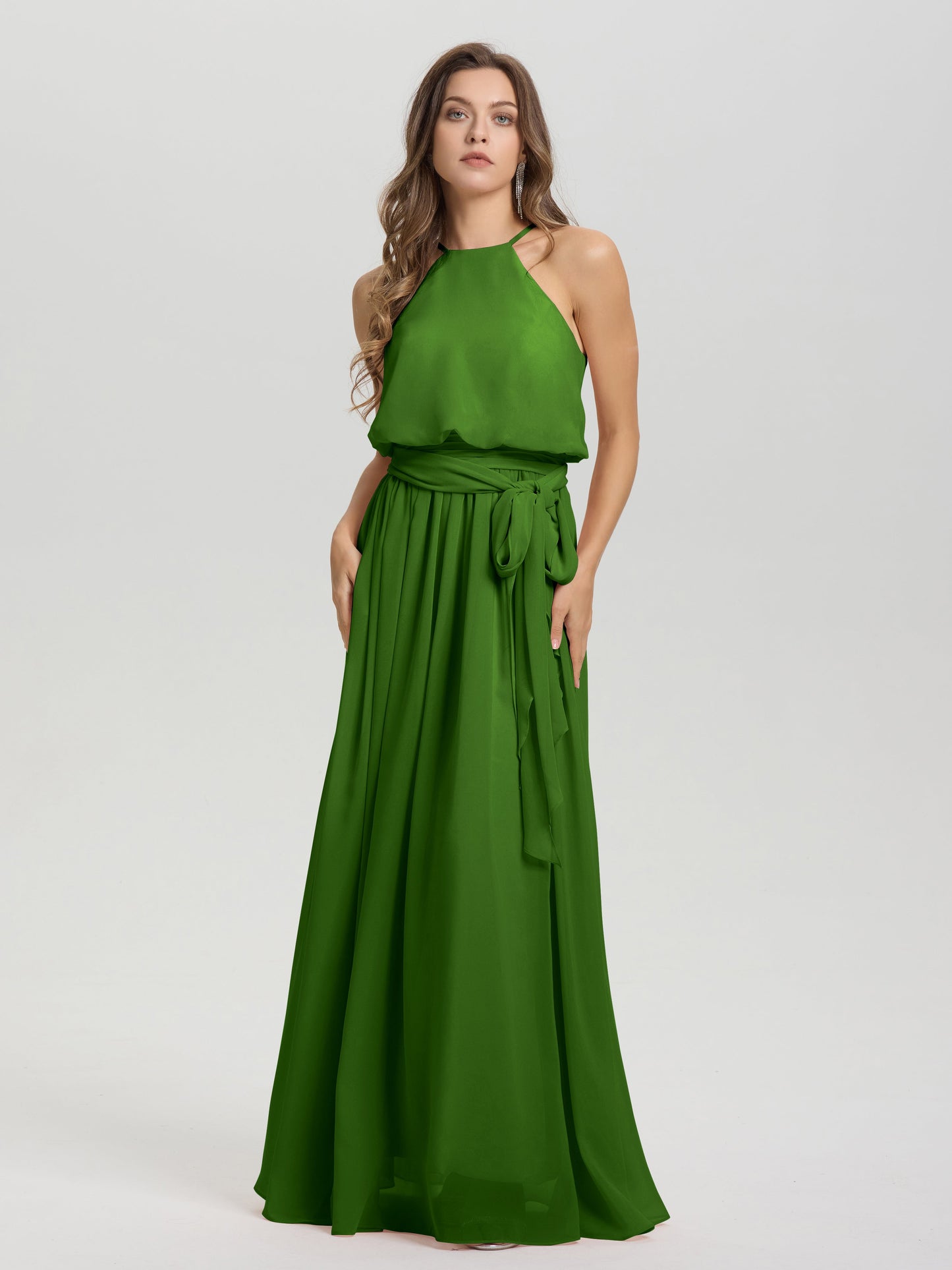 Halter Scoop Neck Sleeveless Floor Length Chiffon Bridesmaid Dress with Sashes