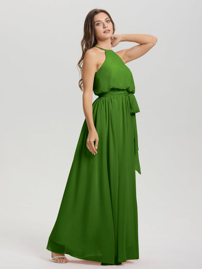 Halter Scoop Neck Sleeveless Floor Length Chiffon Bridesmaid Dress with Sashes