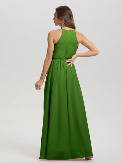 Halter Scoop Neck Sleeveless Floor Length Chiffon Bridesmaid Dress with Sashes