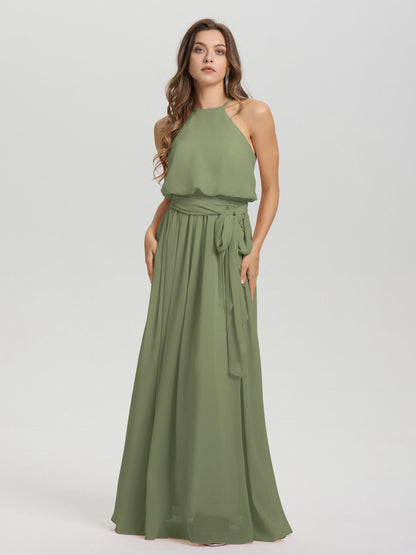 Halter Scoop Neck Sleeveless Floor Length Chiffon Bridesmaid Dress with Sashes