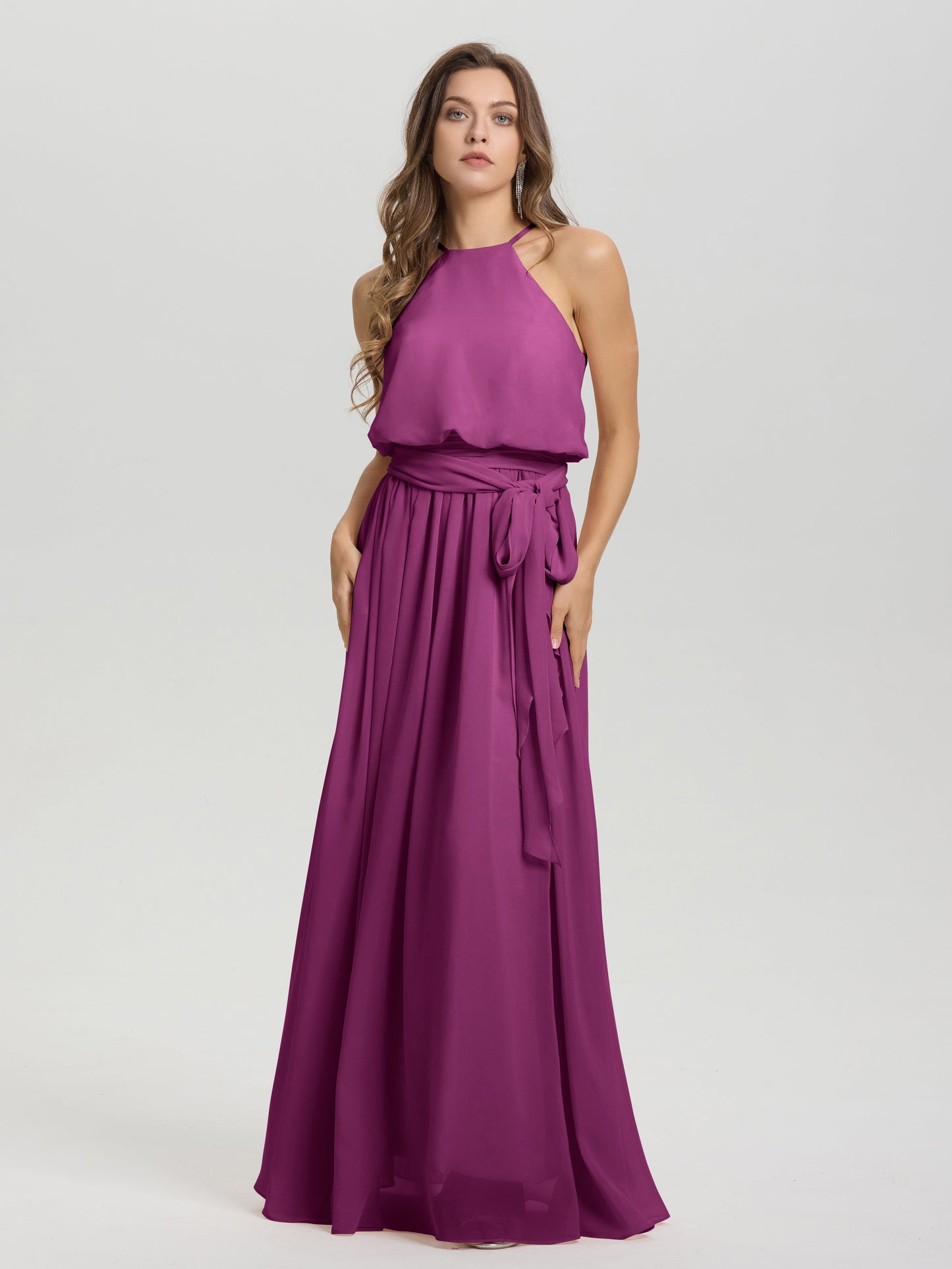 Halter Scoop Neck Sleeveless Floor Length Chiffon Bridesmaid Dress with Sashes