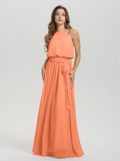 Halter Scoop Neck Sleeveless Floor Length Chiffon Bridesmaid Dress with Sashes