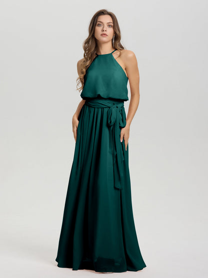 Halter Scoop Neck Sleeveless Floor Length Chiffon Bridesmaid Dress with Sashes