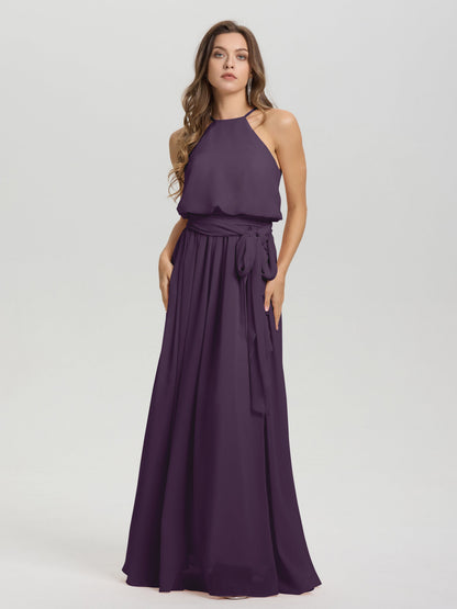 Halter Scoop Neck Sleeveless Floor Length Chiffon Bridesmaid Dress with Sashes