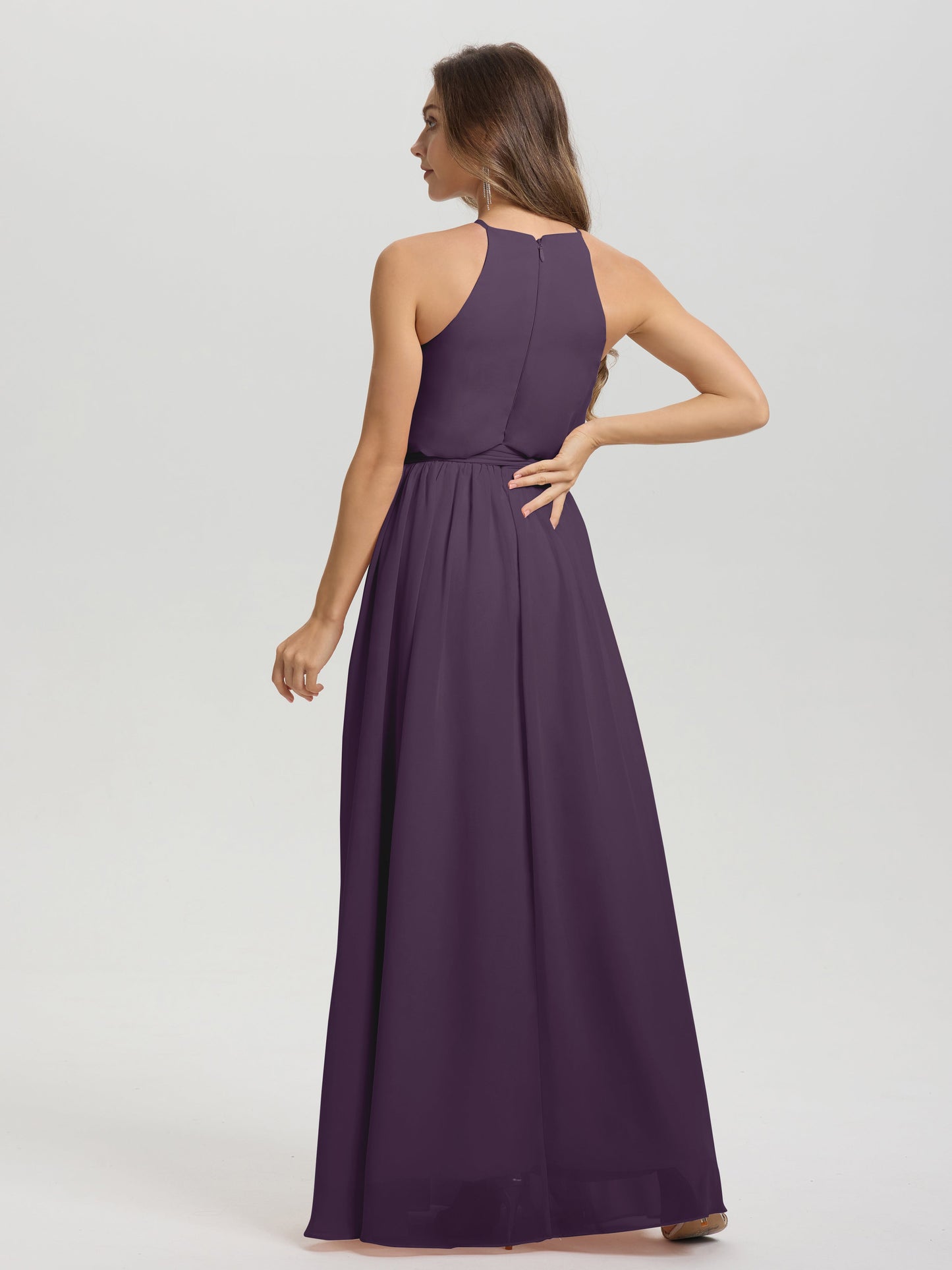 Halter Scoop Neck Sleeveless Floor Length Chiffon Bridesmaid Dress with Sashes