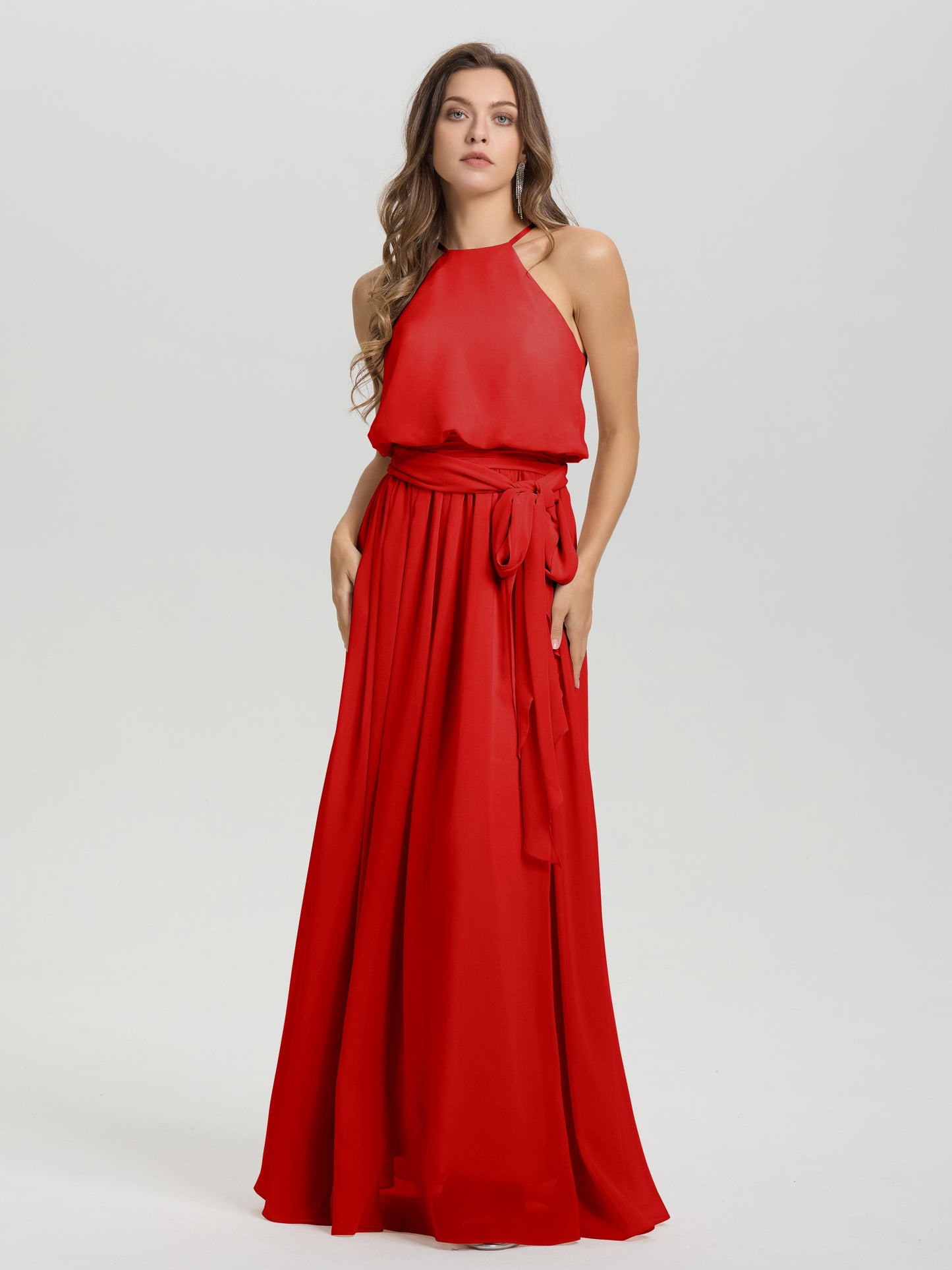 Halter Scoop Neck Sleeveless Floor Length Chiffon Bridesmaid Dress with Sashes