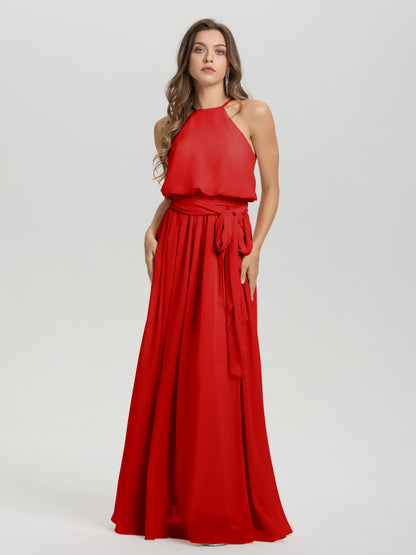 Halter Scoop Neck Sleeveless Floor Length Chiffon Bridesmaid Dress with Sashes