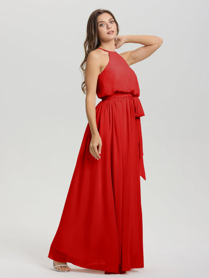 Halter Scoop Neck Sleeveless Floor Length Chiffon Bridesmaid Dress with Sashes