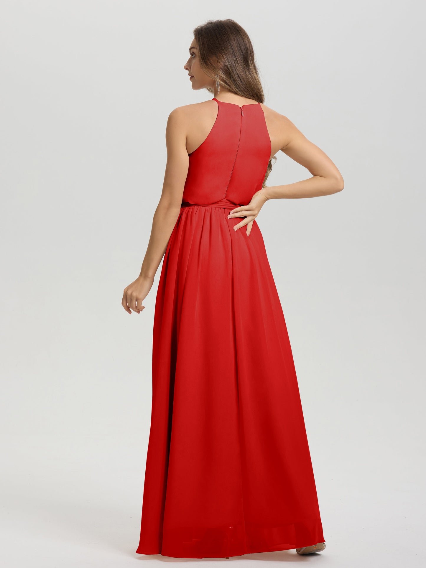 Halter Scoop Neck Sleeveless Floor Length Chiffon Bridesmaid Dress with Sashes