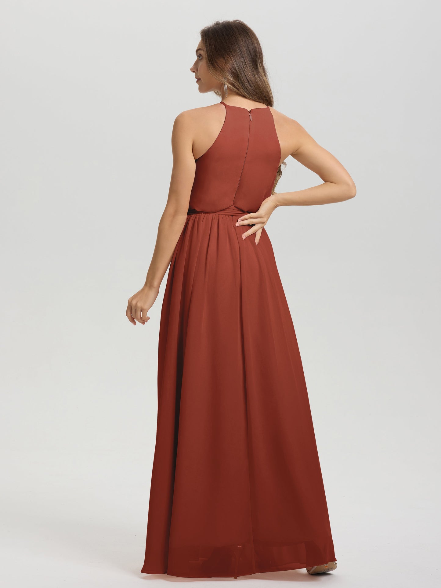 Halter Scoop Neck Sleeveless Floor Length Chiffon Bridesmaid Dress with Sashes