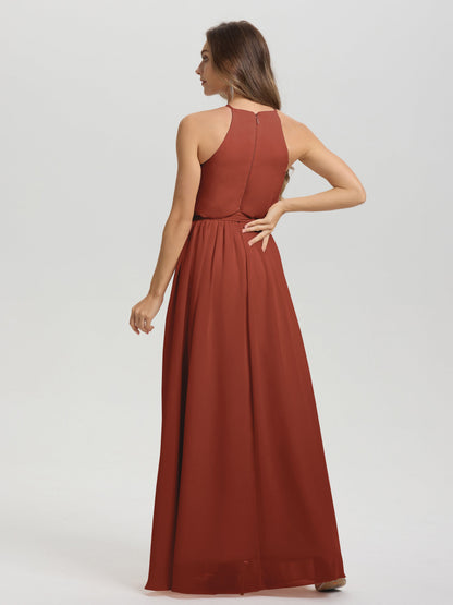 Halter Scoop Neck Sleeveless Floor Length Chiffon Bridesmaid Dress with Sashes