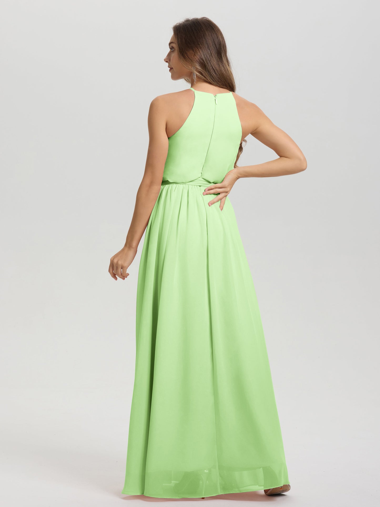 Halter Scoop Neck Sleeveless Floor Length Chiffon Bridesmaid Dress with Sashes