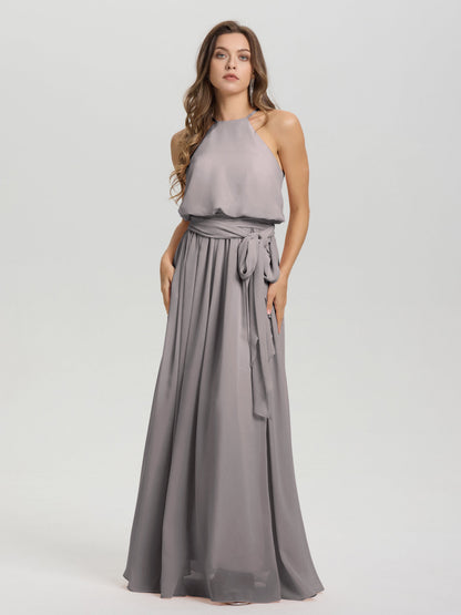 Halter Scoop Neck Sleeveless Floor Length Chiffon Bridesmaid Dress with Sashes