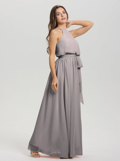 Halter Scoop Neck Sleeveless Floor Length Chiffon Bridesmaid Dress with Sashes