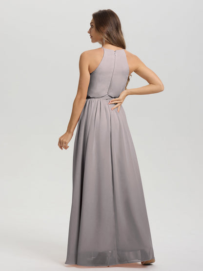 Halter Scoop Neck Sleeveless Floor Length Chiffon Bridesmaid Dress with Sashes
