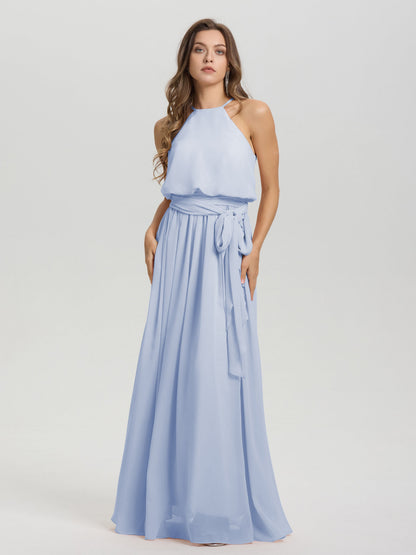 Halter Scoop Neck Sleeveless Floor Length Chiffon Bridesmaid Dress with Sashes