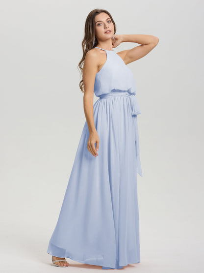 Halter Scoop Neck Sleeveless Floor Length Chiffon Bridesmaid Dress with Sashes