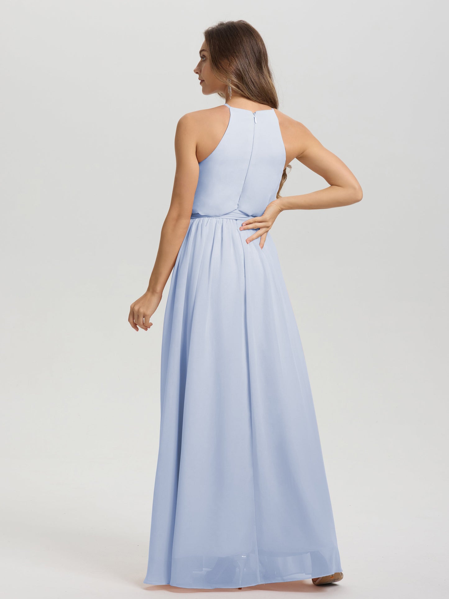 Halter Scoop Neck Sleeveless Floor Length Chiffon Bridesmaid Dress with Sashes