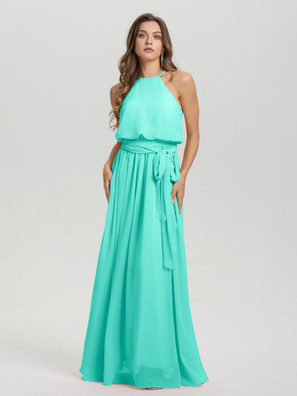 Halter Scoop Neck Sleeveless Floor Length Chiffon Bridesmaid Dress with Sashes
